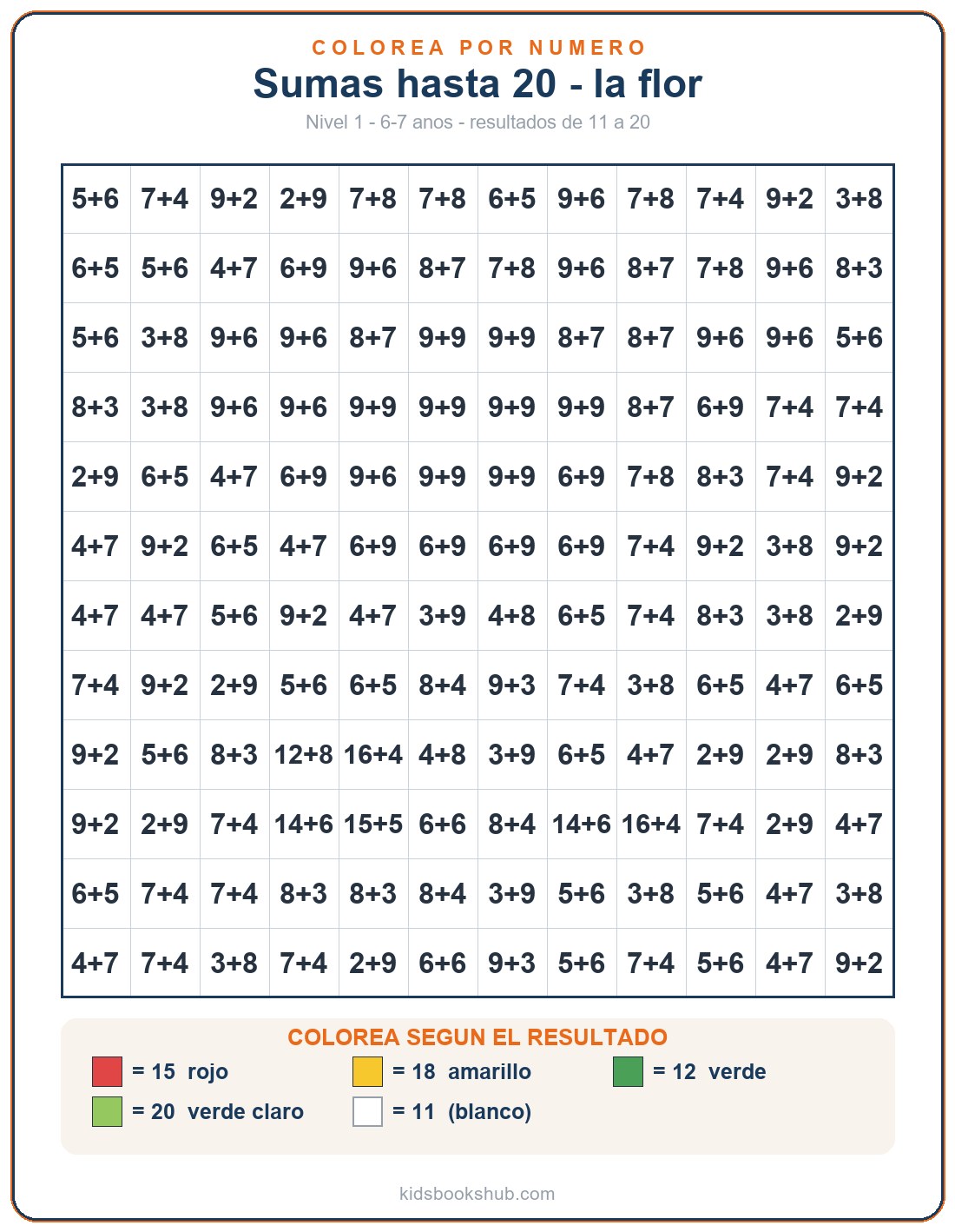 Hoja de colorear por numeros con sumas (additions 20 fleur)