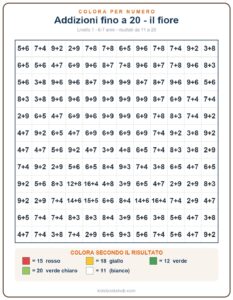 Scheda colora per numero con addizioni (additions 20 fleur)