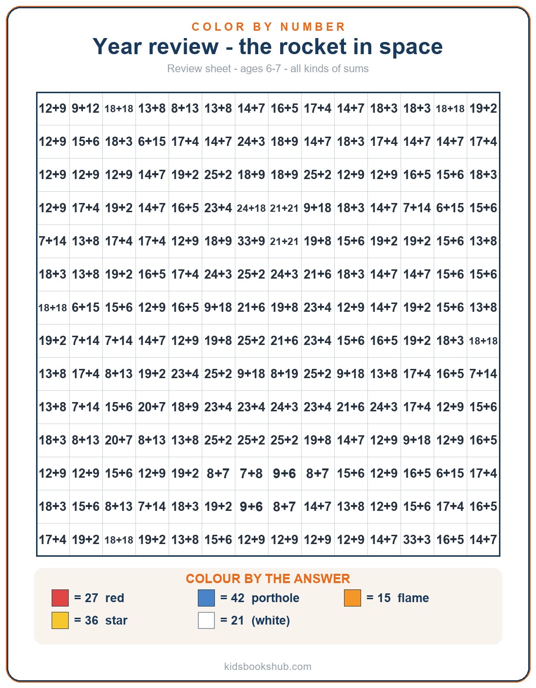 Color-by-number year-review addition worksheet to print — the rocket