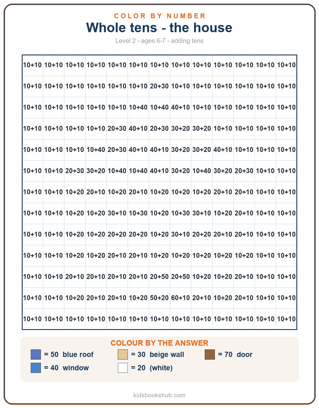 Color-by-number whole tens addition worksheet to print — the house