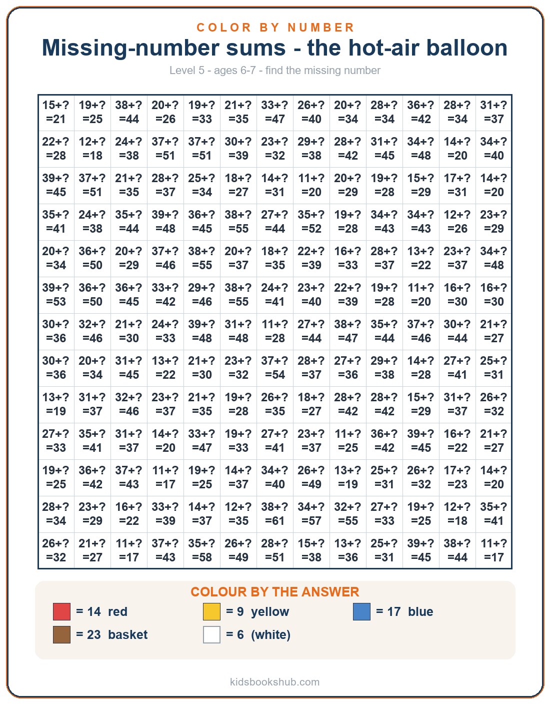 Color-by-number missing-number addition worksheet to print — the hot-air balloon