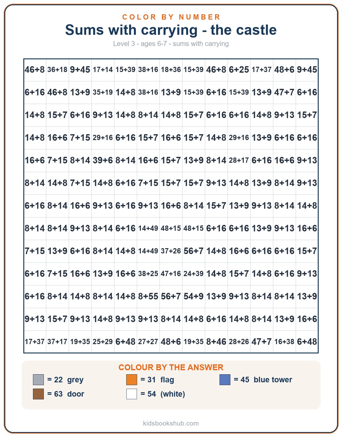 Color-by-number addition with carrying worksheet to print — the castle
