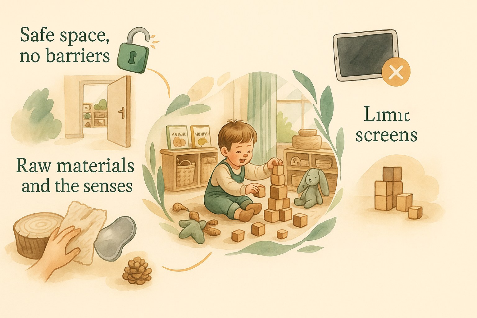 Watercolour infographic of a child playing with wooden blocks at home, showing a safe space, raw natural materials and limited screen time