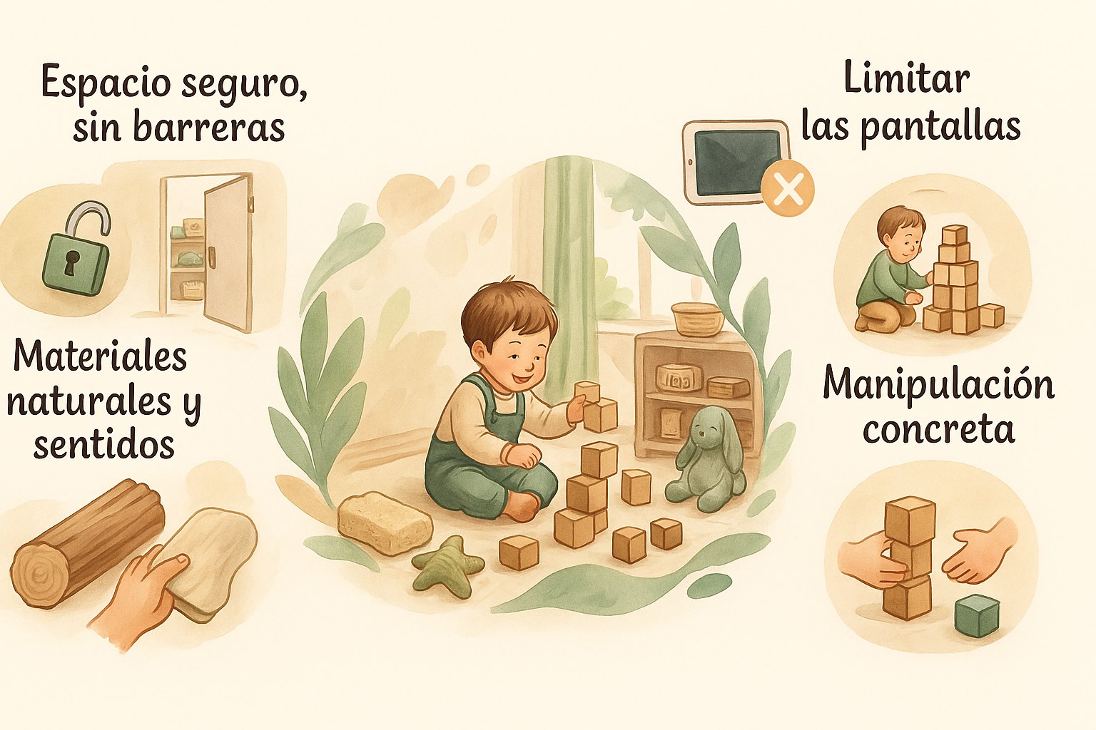 Infografía en acuarela de un niño jugando con bloques de madera en casa, que muestra un espacio seguro, materiales naturales y menos pantallas
