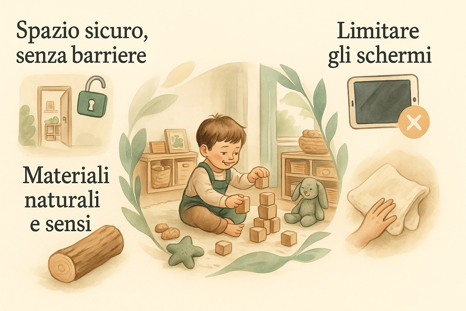 Infografica ad acquerello di un bambino che gioca con cubi di legno a casa, che mostra uno spazio sicuro, materiali naturali e meno schermi