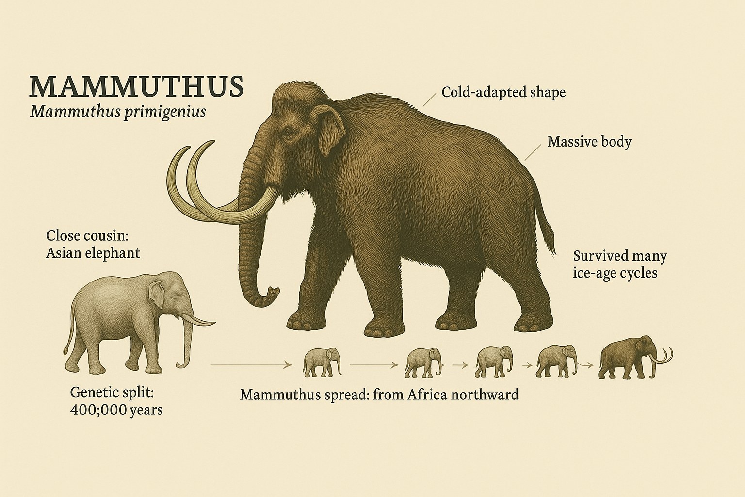 Infographic showing the evolution of the woolly mammoth and its kinship with the Asian elephant