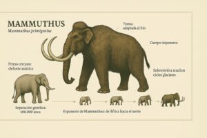 Infografia que muestra la evolucion del mamut lanudo y su parentesco con el elefante asiatico