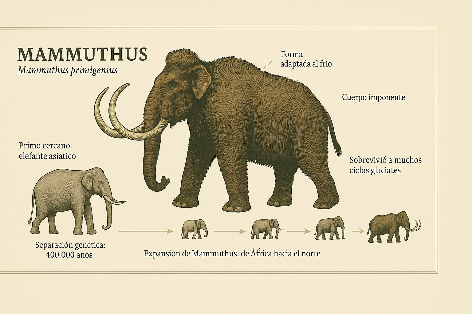 Infografia que muestra la evolucion del mamut lanudo y su parentesco con el elefante asiatico