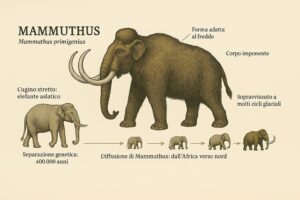 Infografica che mostra l'evoluzione del mammut lanoso e la parentela con l'elefante asiatico
