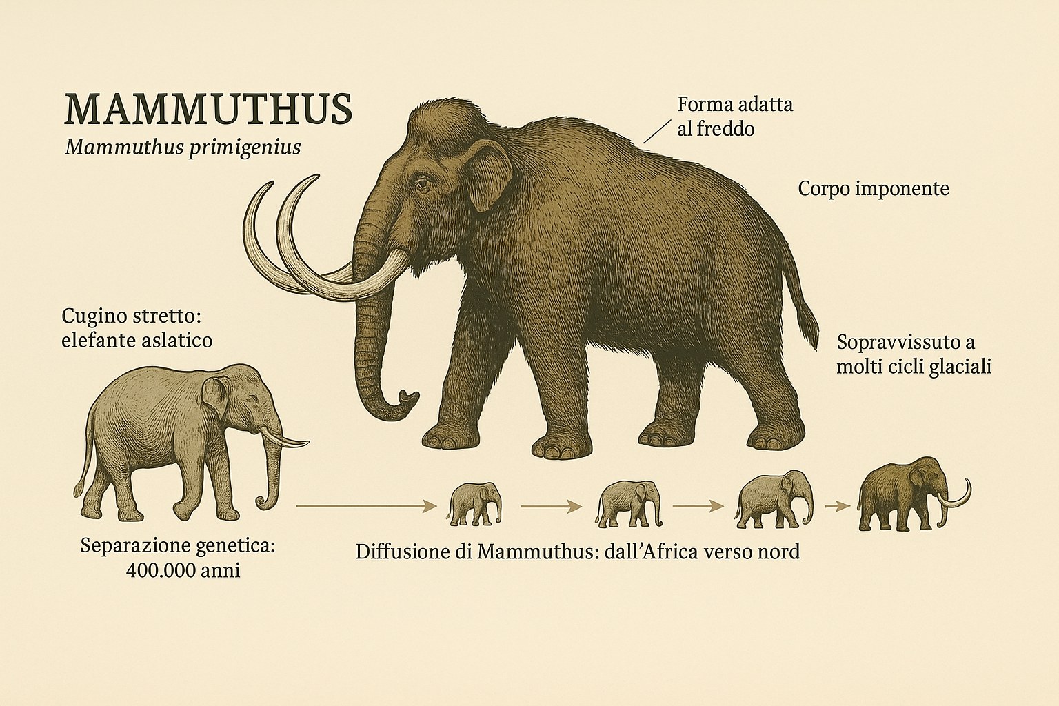 Infografica che mostra l'evoluzione del mammut lanoso e la parentela con l'elefante asiatico