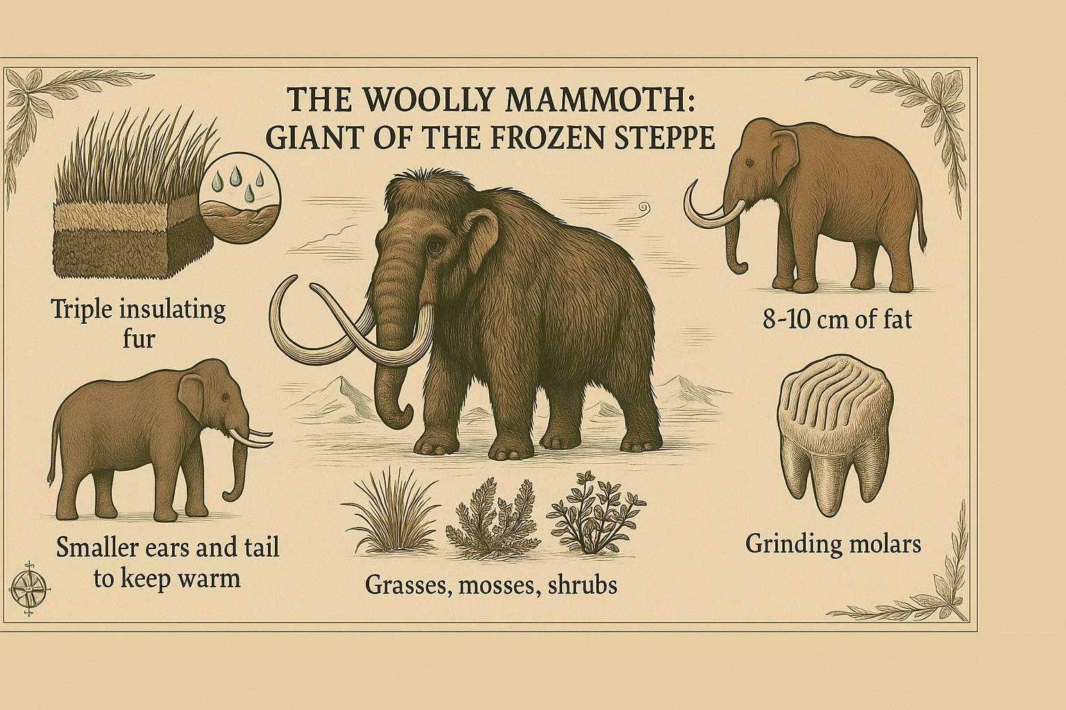 An imposing woolly mammoth walking across a snowy ice-age steppe