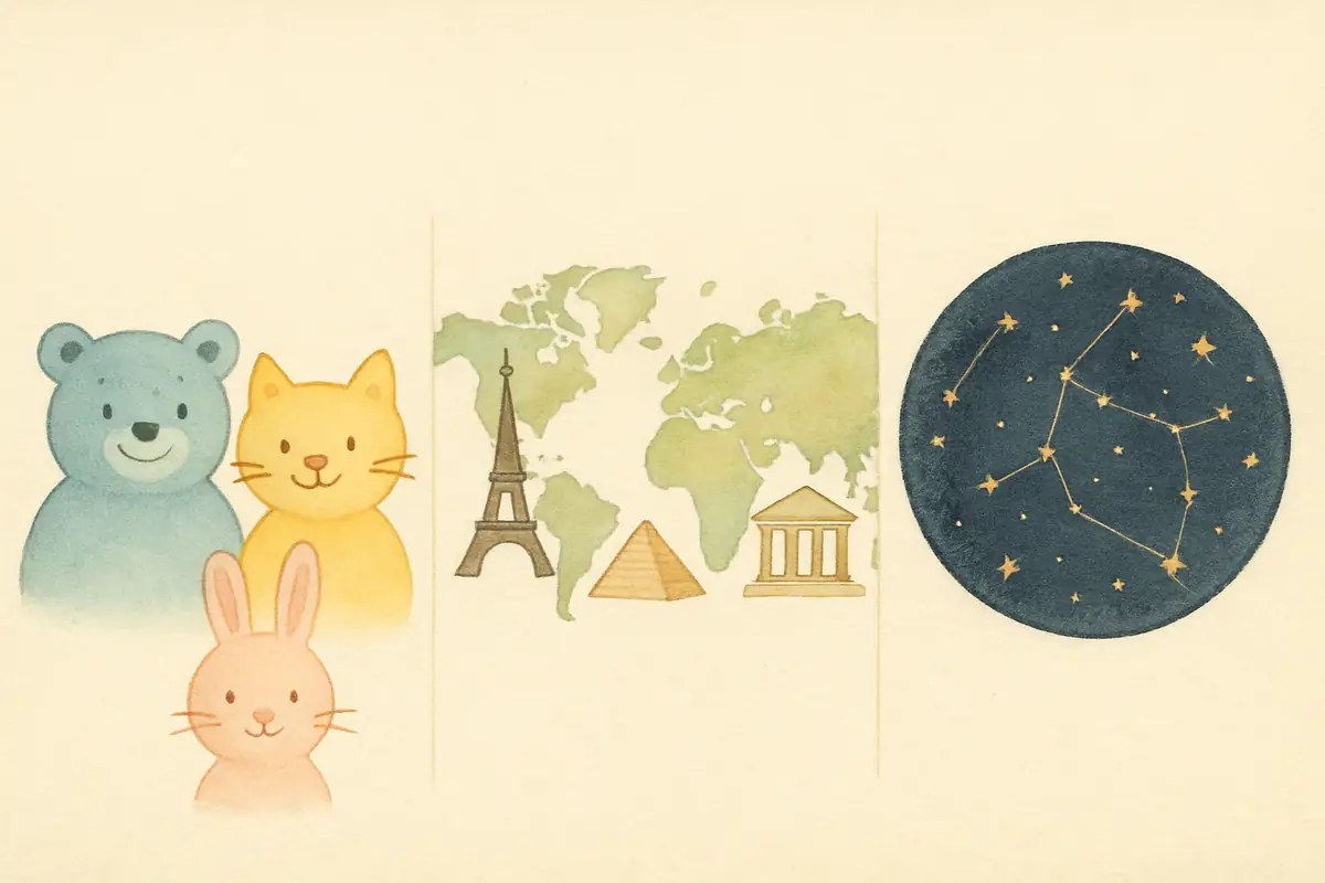 Illustrated infographic of world maps suited to children's ages: toddlers, primary school and teenagers