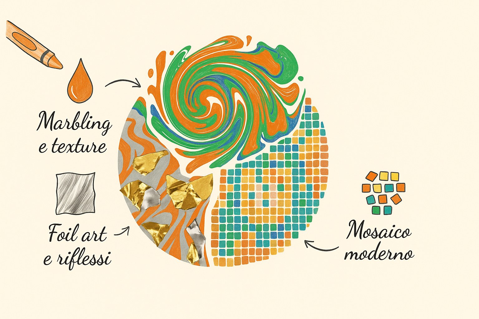 Bambini che fanno attività di marbling e mosaico con carta colorata