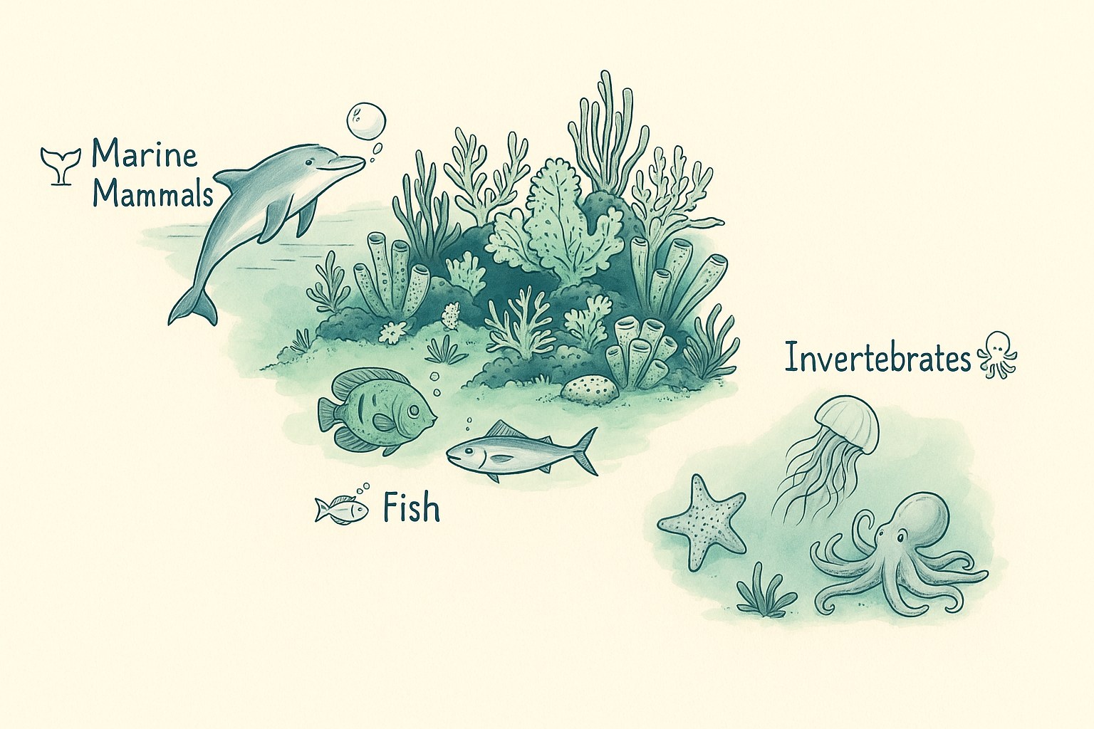 Educational infographic on the classification of marine animals into families