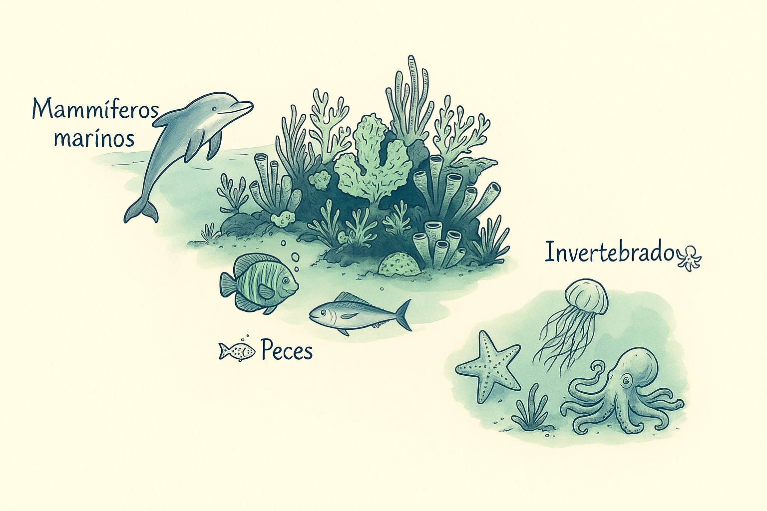 Infografía pedagógica sobre la clasificación de los animales marinos por familias