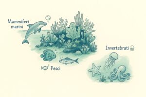 Infografica didattica sulla classificazione degli animali marini per famiglie