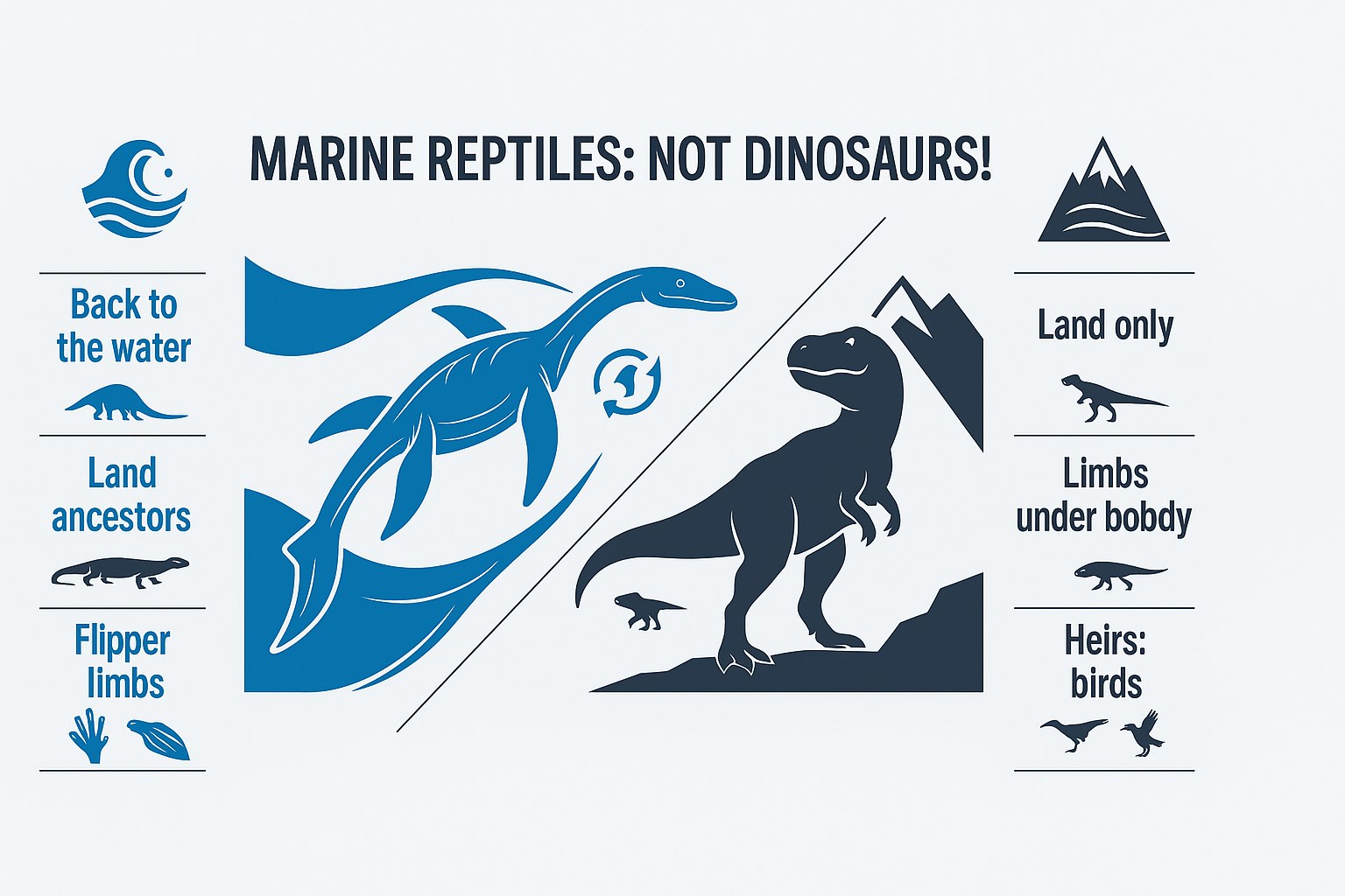 Infographic comparing marine reptiles and land dinosaurs and why they are not the same