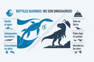 Infografia que compara los reptiles marinos y los dinosaurios terrestres y por que no son lo mismo