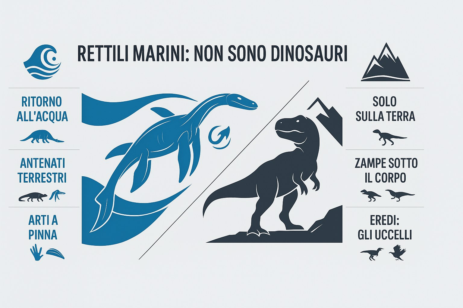 Infografica che confronta i rettili marini e i dinosauri terrestri e perche non sono la stessa cosa