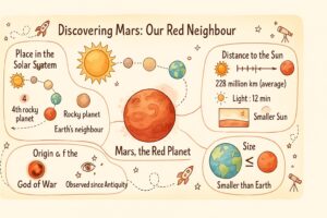 Educational infographic showing the key features of the planet Mars for children