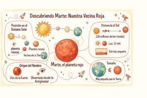 Infografía educativa que presenta las características del planeta Marte para los niños
