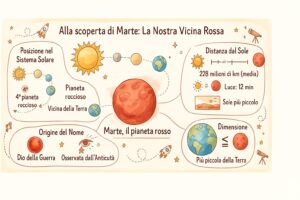 Infografica didattica che presenta le caratteristiche del pianeta Marte per i bambini