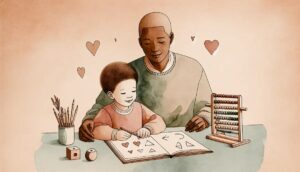 A smiling child and parent learning maths together with an abacus