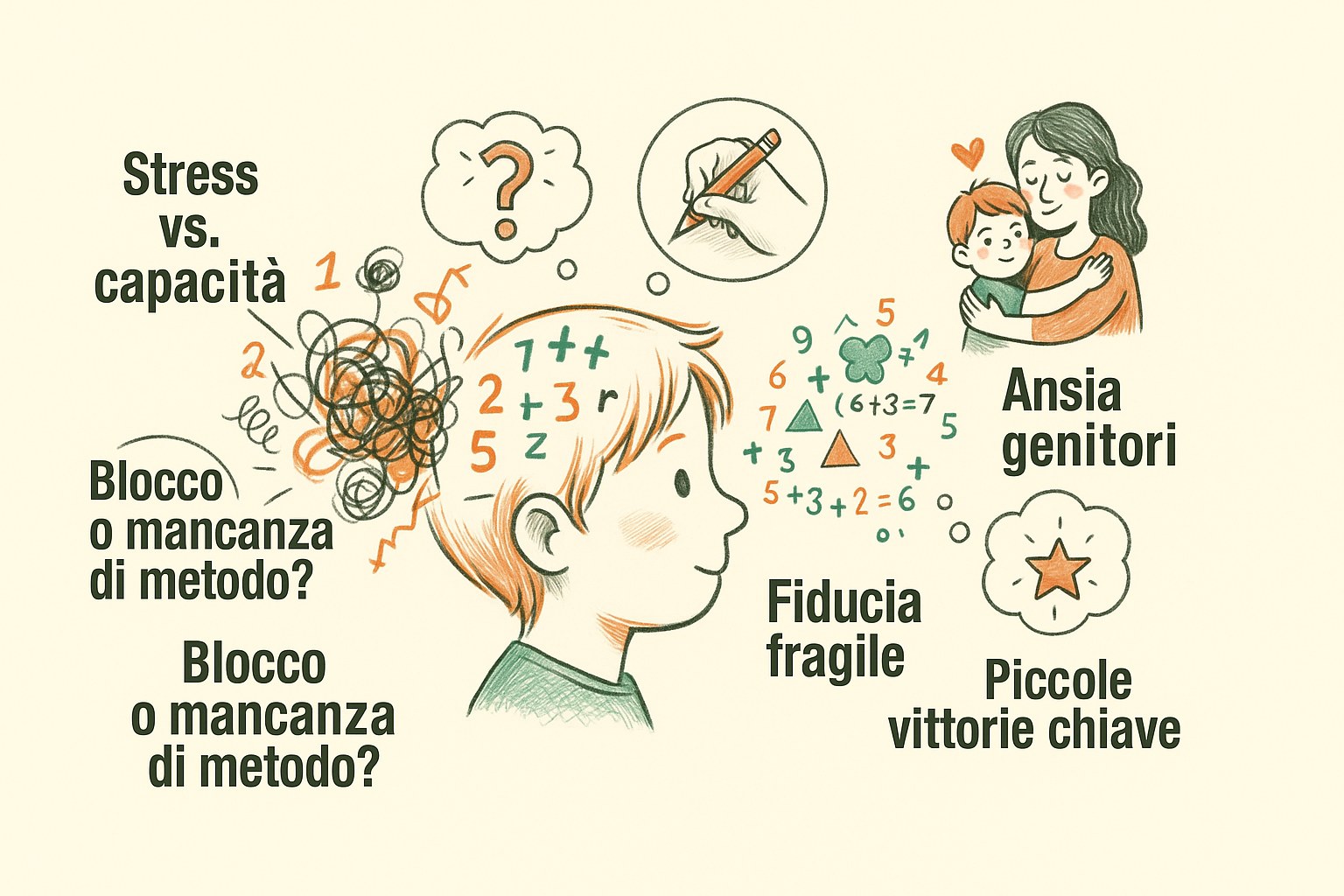 Un bambino stressato davanti ai compiti di matematica rispetto a un bambino che risolve con successo un esercizio