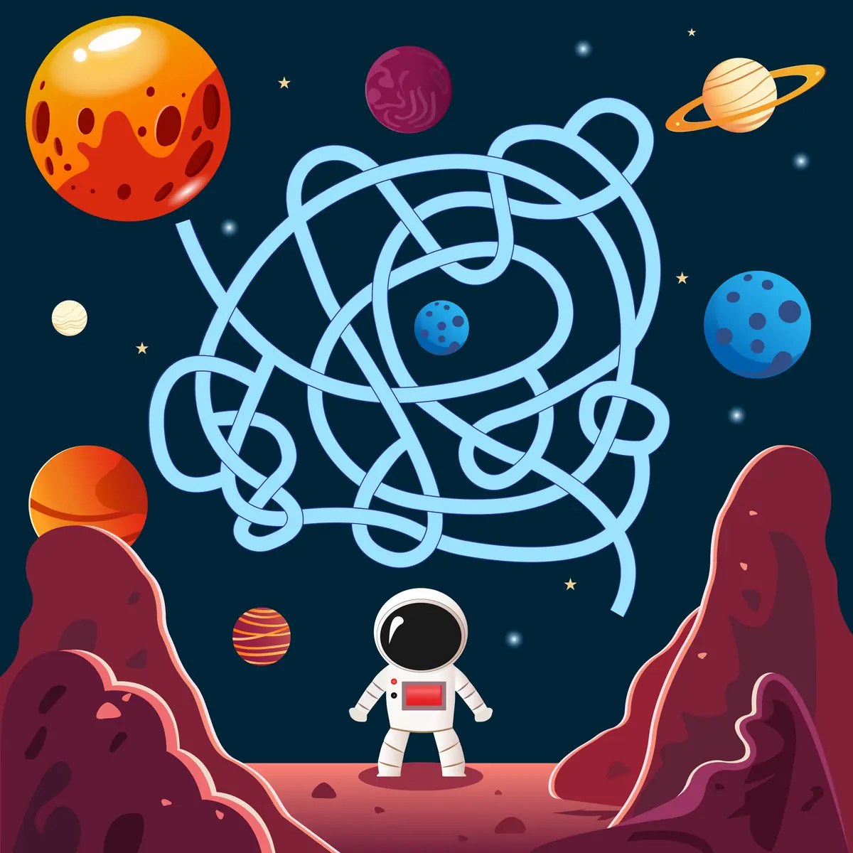 Space maze with an astronaut on a red planet landscape with mountains and planets to print