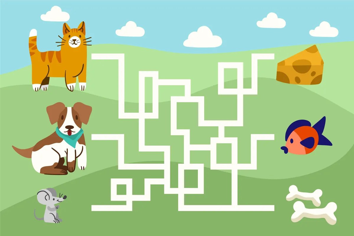 Colour maze with a cat, dog and mouse looking for cheese, fish or a bone to print