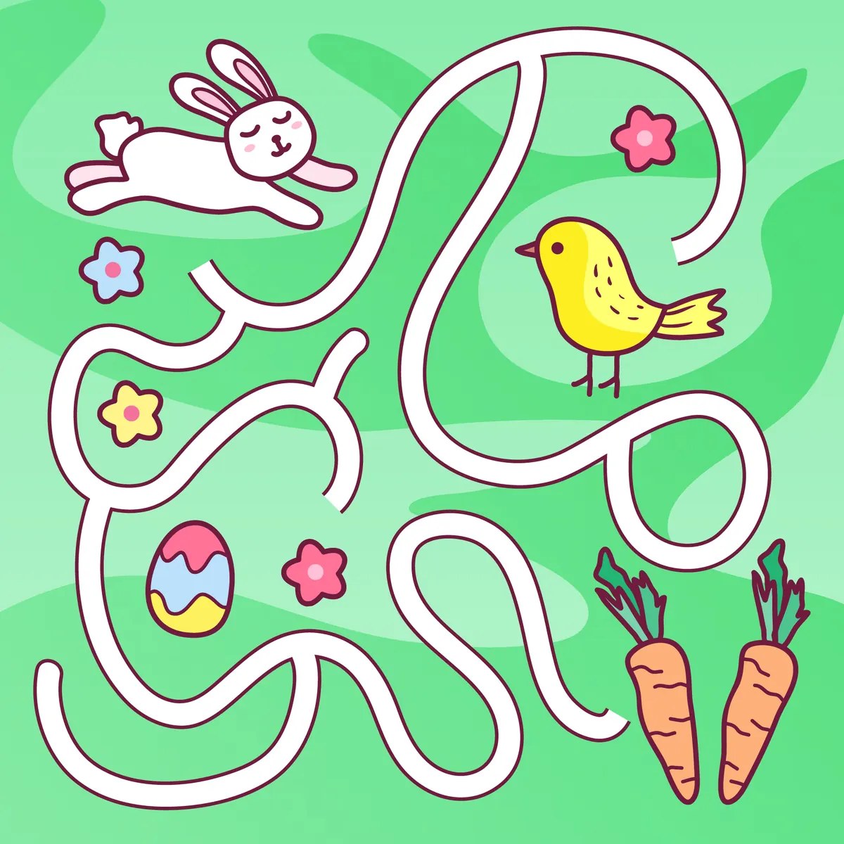 Colour maze with an Easter bunny reaching carrots or a decorated egg to print