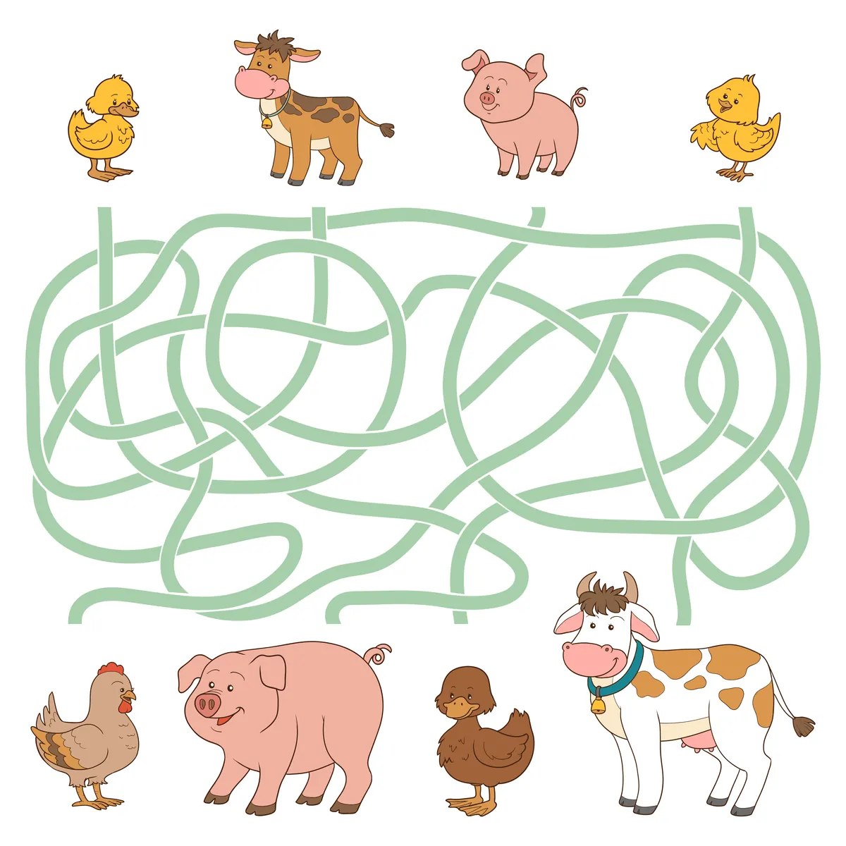 Colour maze with four farm baby animals reaching their mums to print