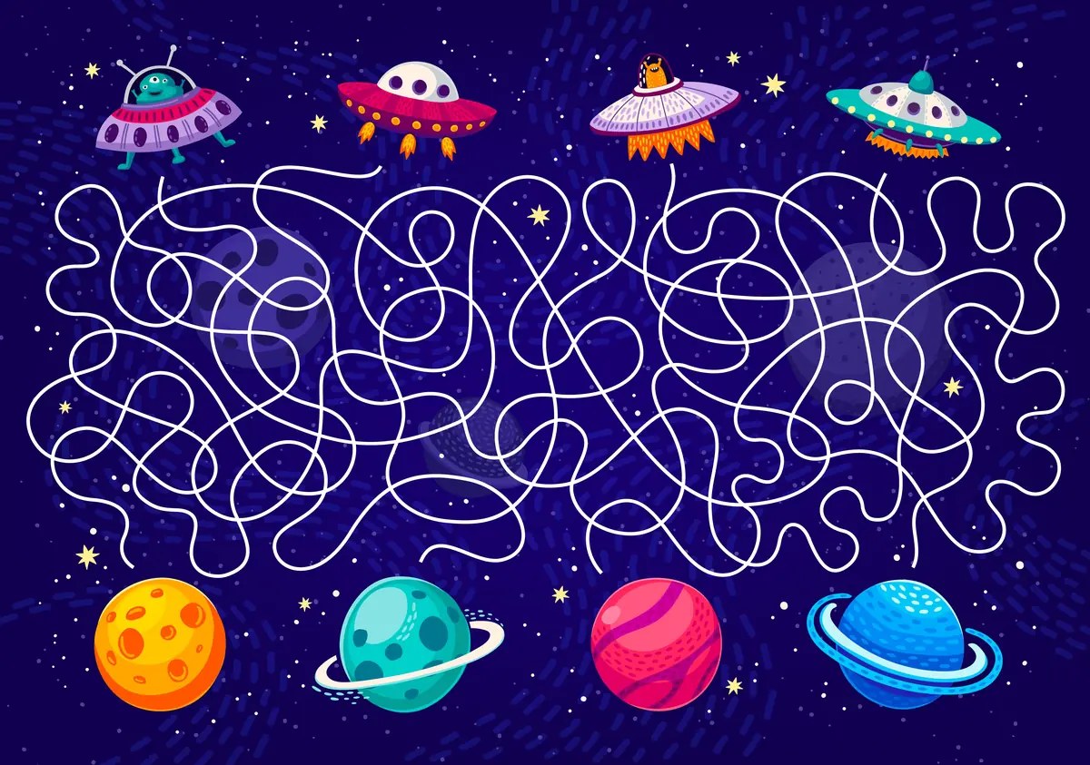 Space maze with four colourful UFOs and four planets to link to print