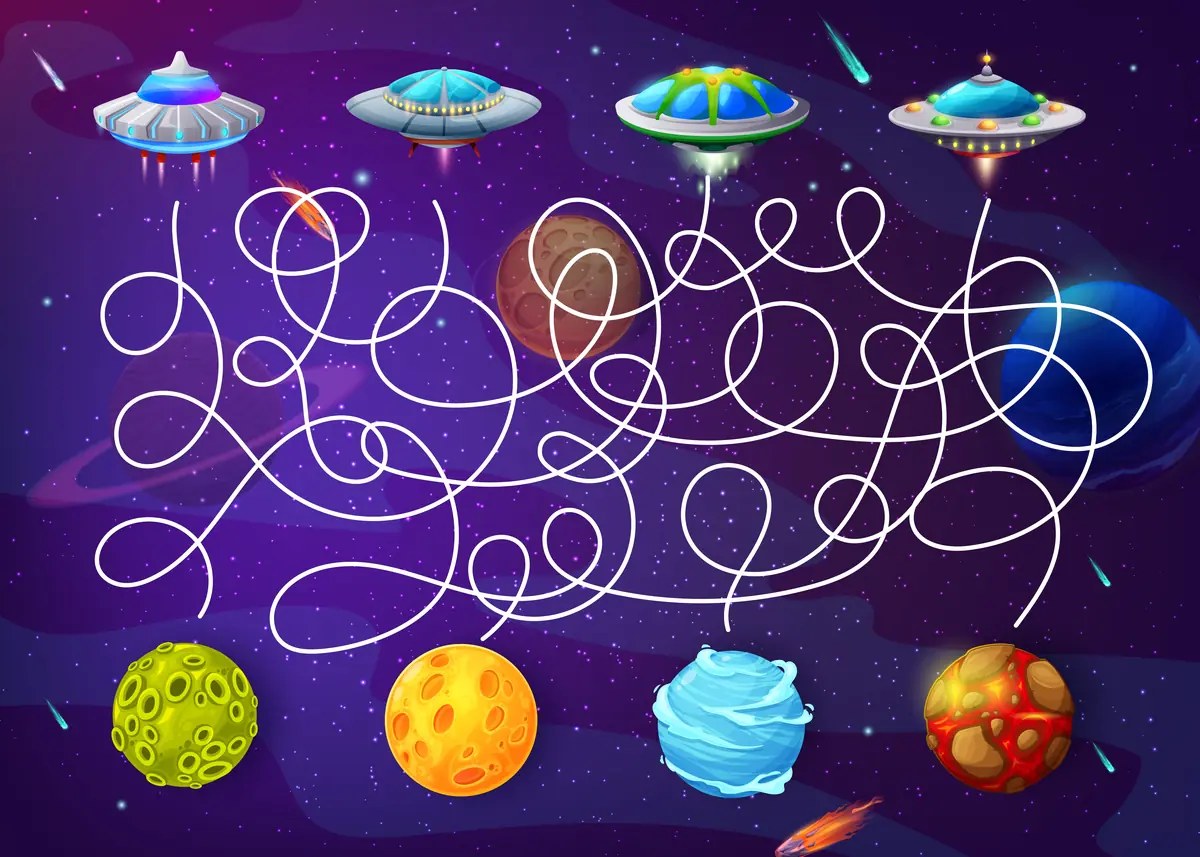 Space maze with four flying saucers to link to colourful planets to print