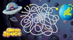 Space maze with a UFO flying saucer, Earth and a little rocket to print
