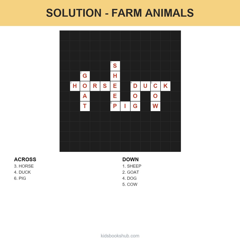 Solution to the printable farm animals crossword