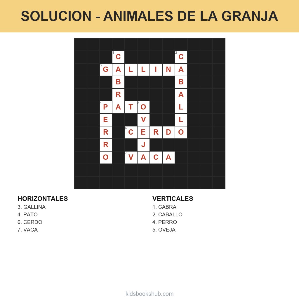 Solución del crucigrama de los animales de la granja para imprimir