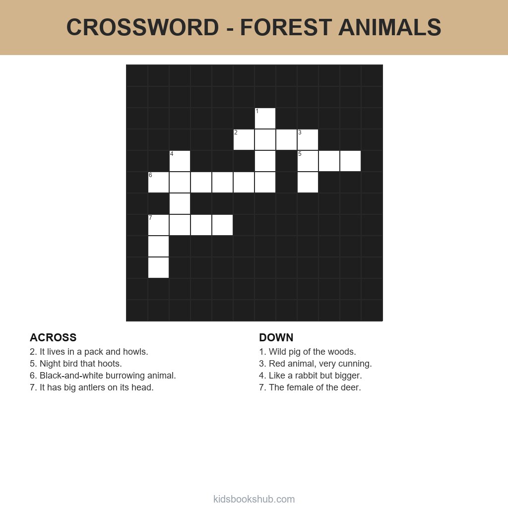 Printable forest animals crossword grid for children
