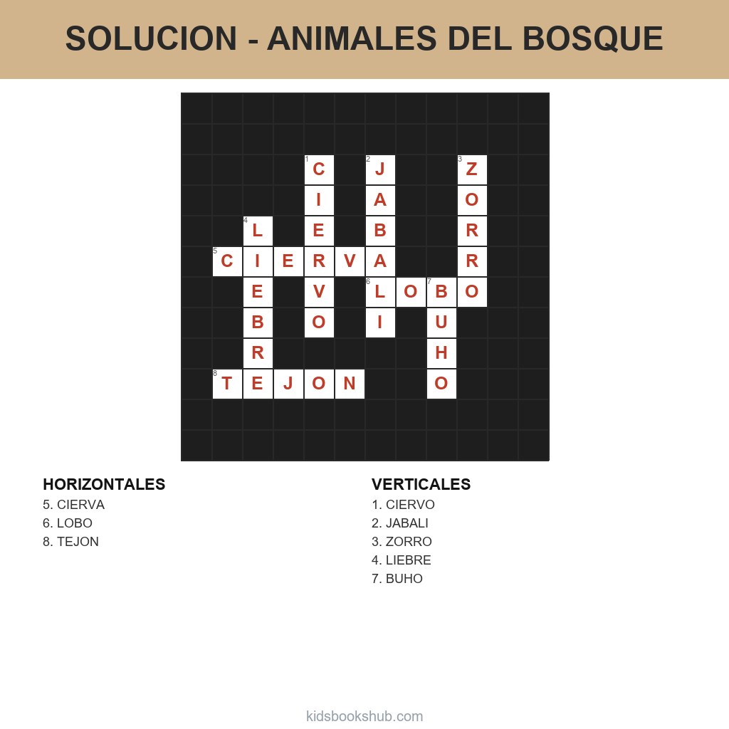 Solución del crucigrama de los animales del bosque para imprimir