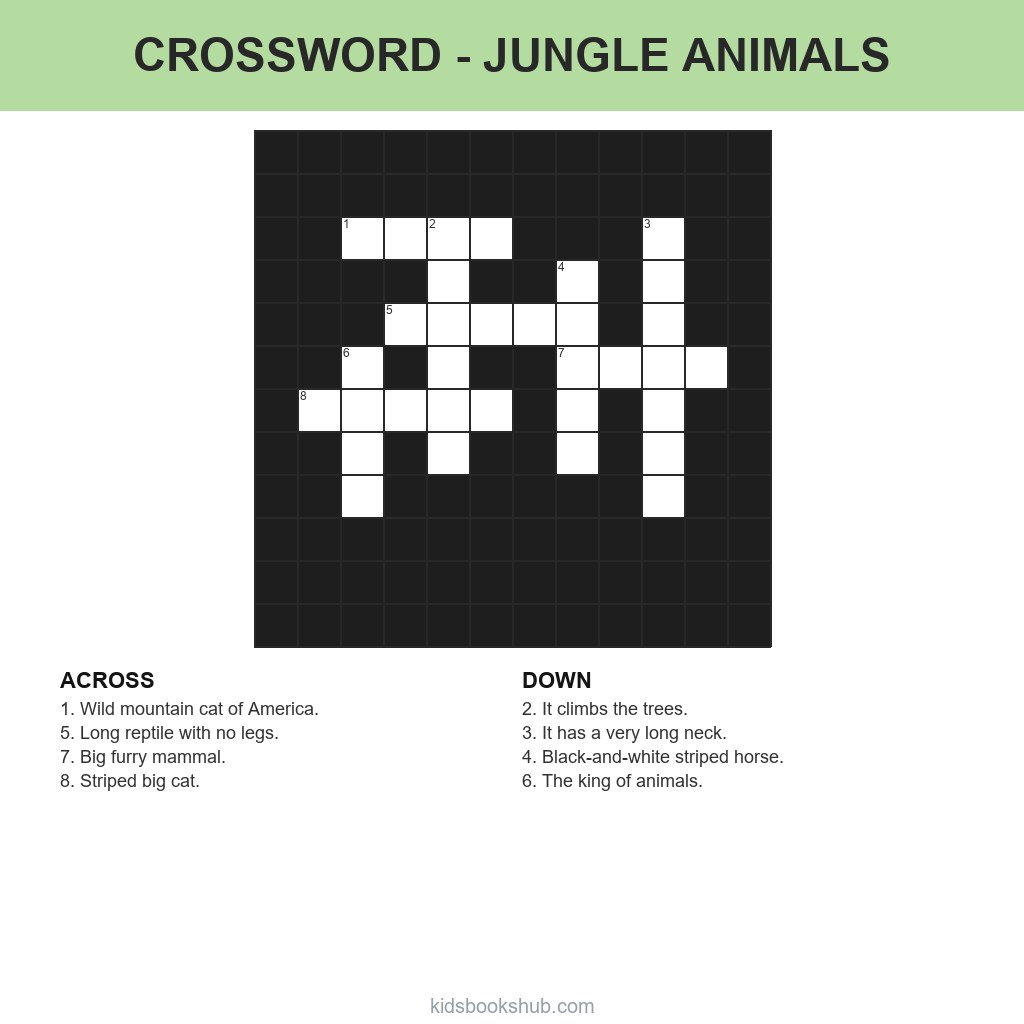 Printable jungle animals crossword grid for children