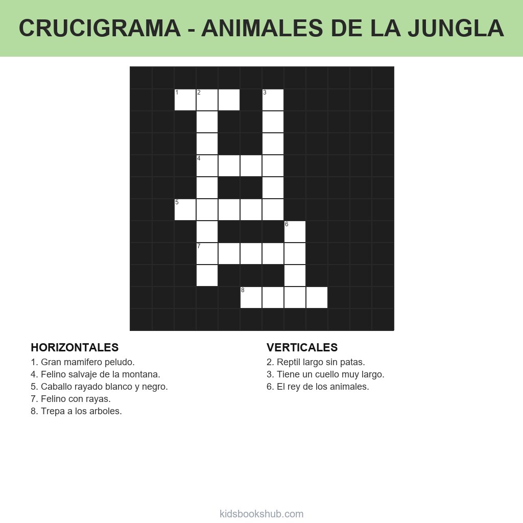 Crucigrama de los animales de la selva para imprimir para niños