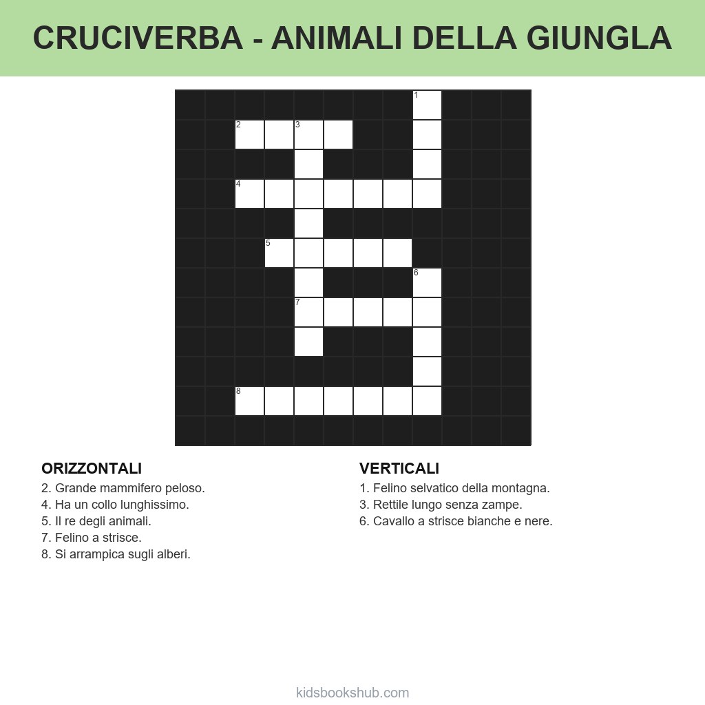 Cruciverba degli animali della giungla da stampare per bambini