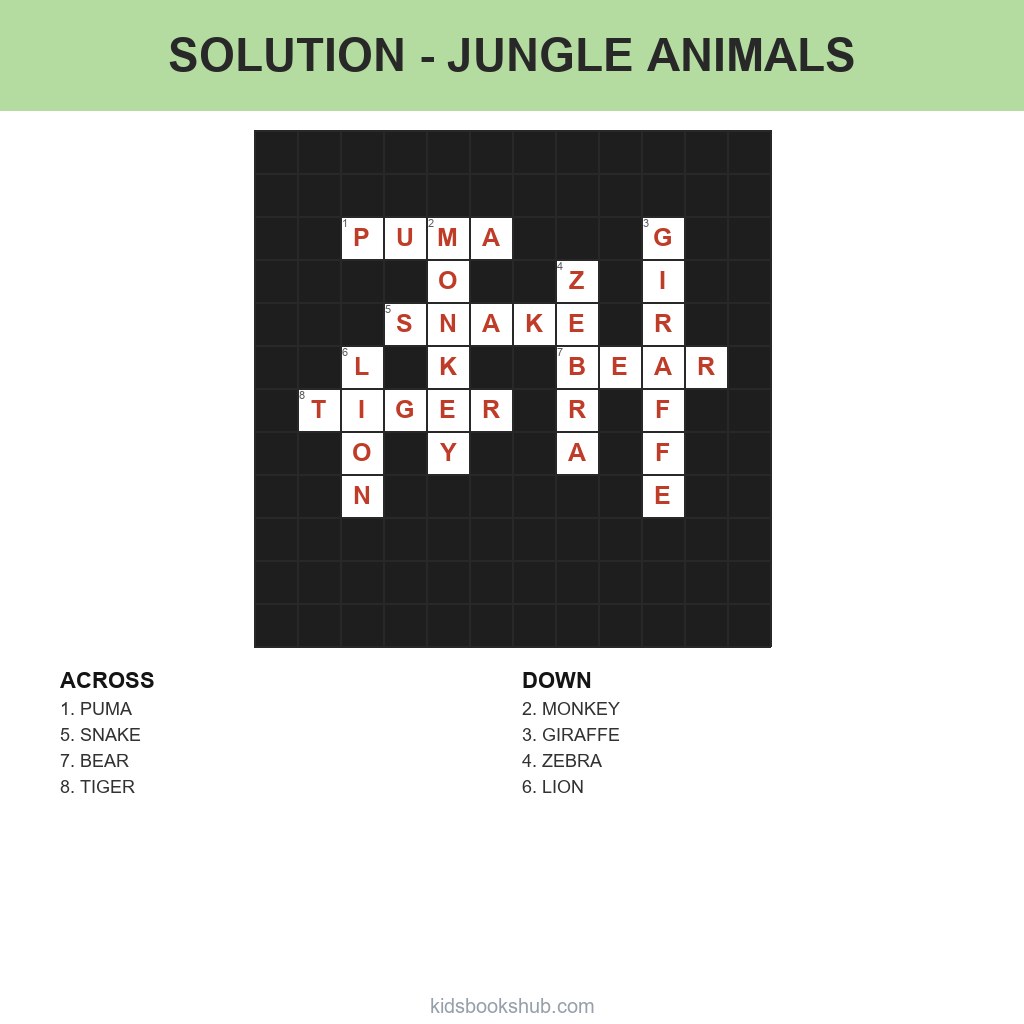 Solution to the printable jungle animals crossword