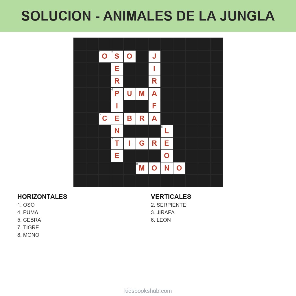 Solución del crucigrama de los animales de la selva para imprimir