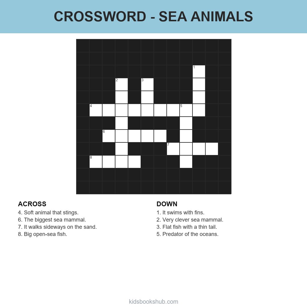 Printable sea animals crossword grid for children