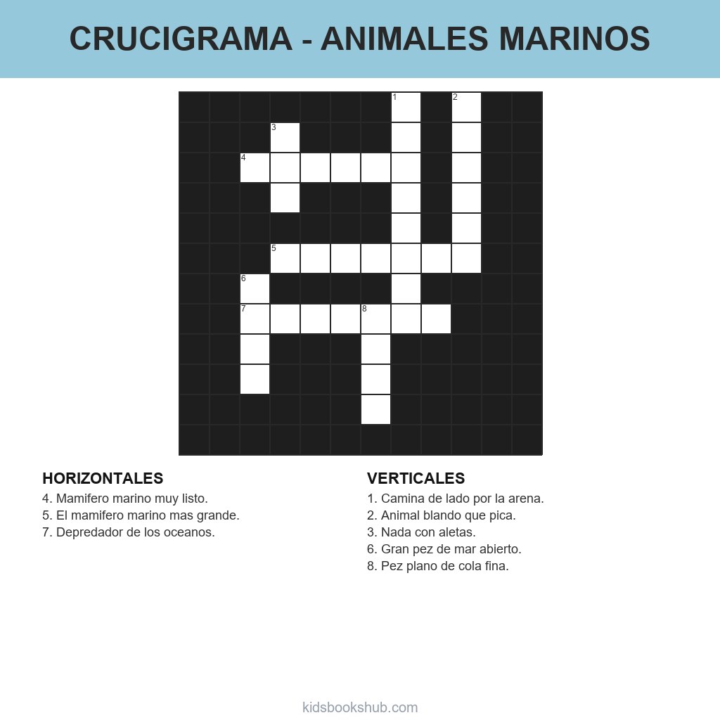 Crucigrama de los animales marinos para imprimir para niños