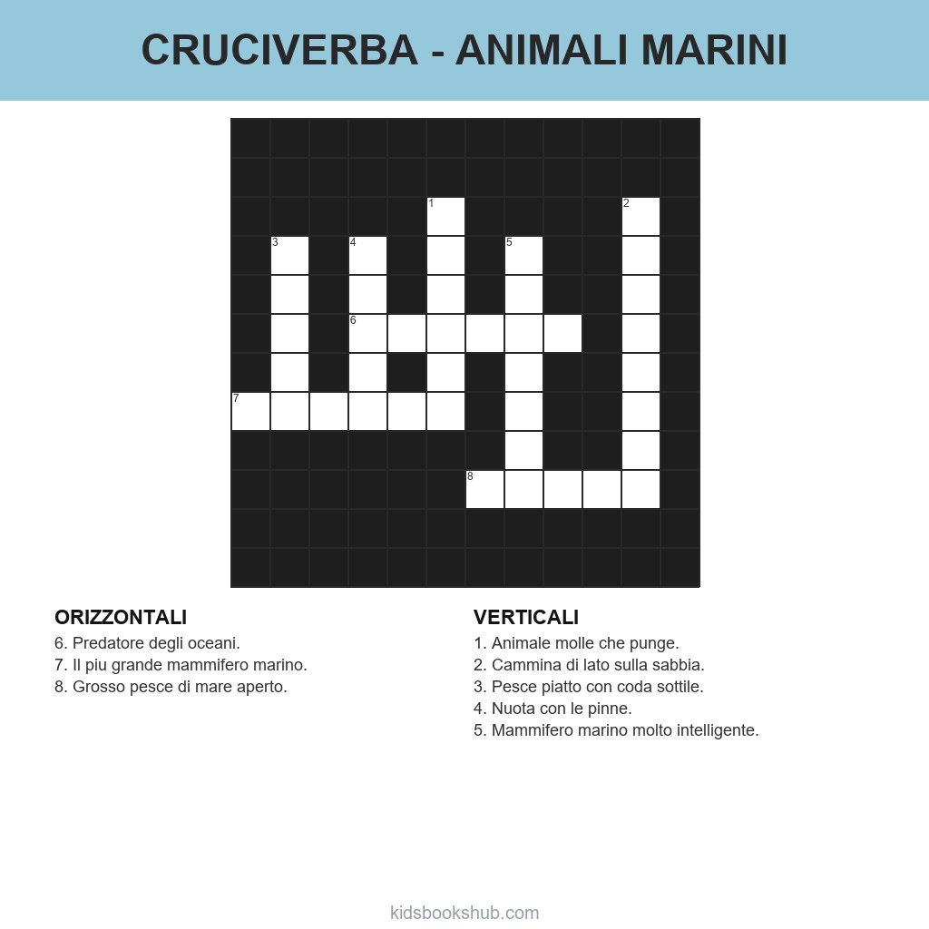 Cruciverba degli animali marini da stampare per bambini