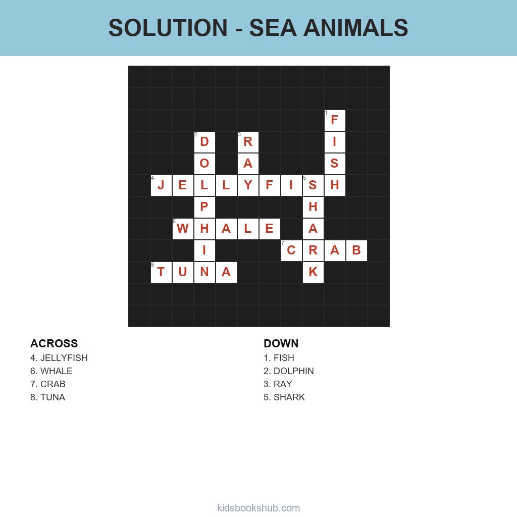 Solution to the printable sea animals crossword