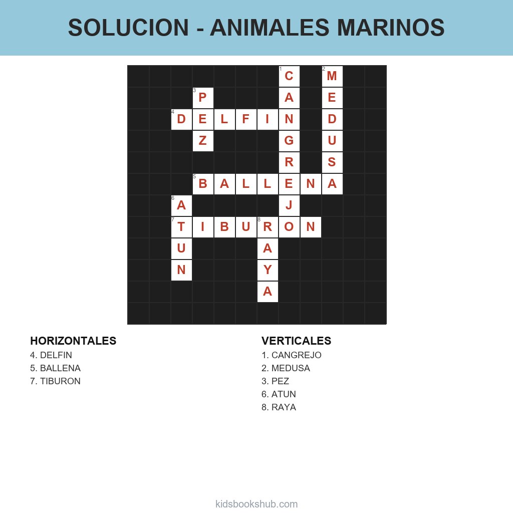 Solución del crucigrama de los animales marinos para imprimir
