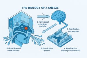 Infographic of the biological mechanism of a human sneeze